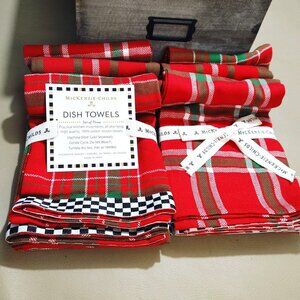 MacKenzie Childs Two Set Of 3 100% Cotton Holiday Plaid Checker Hand Dish Towels